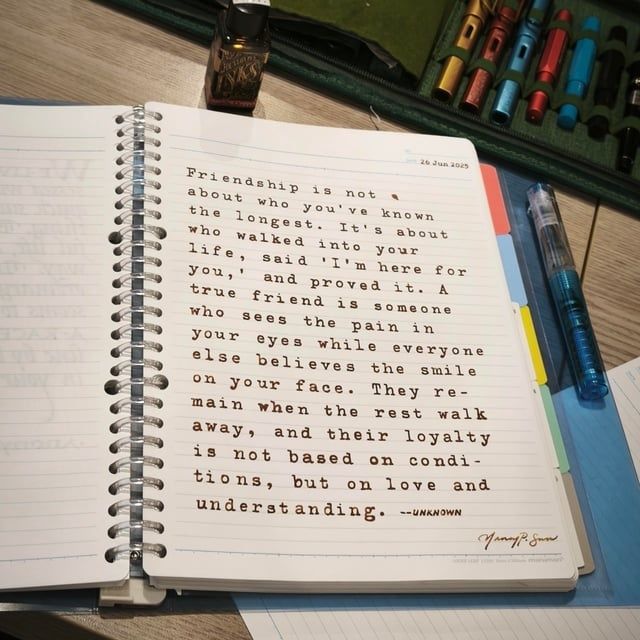 Typemachinetekst over vriendschap in een gelinieerd notitieboek